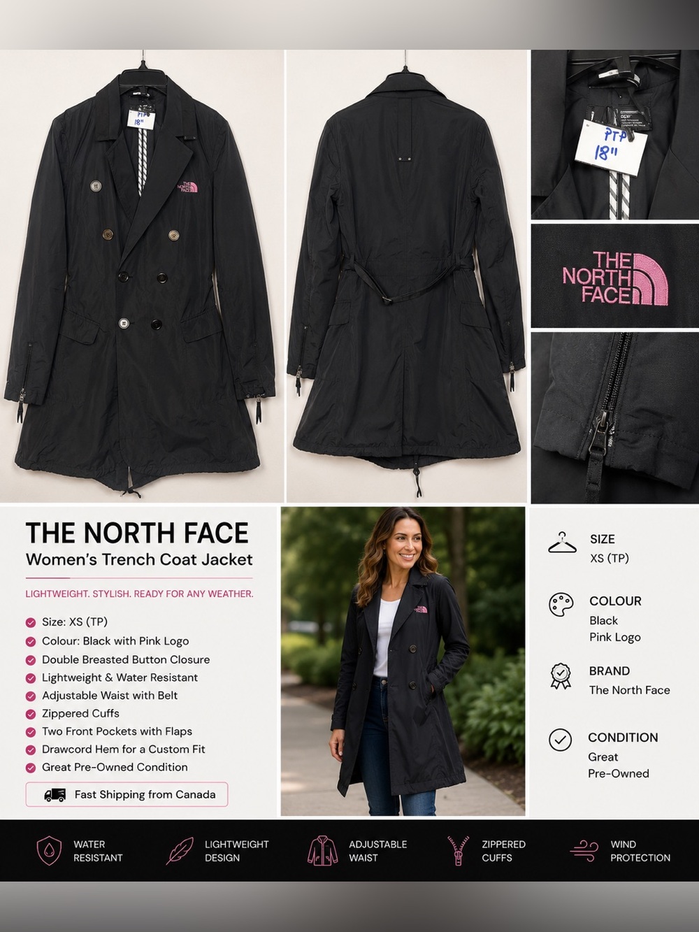 The North Face Women's Black Trench Coat with Pink Logo